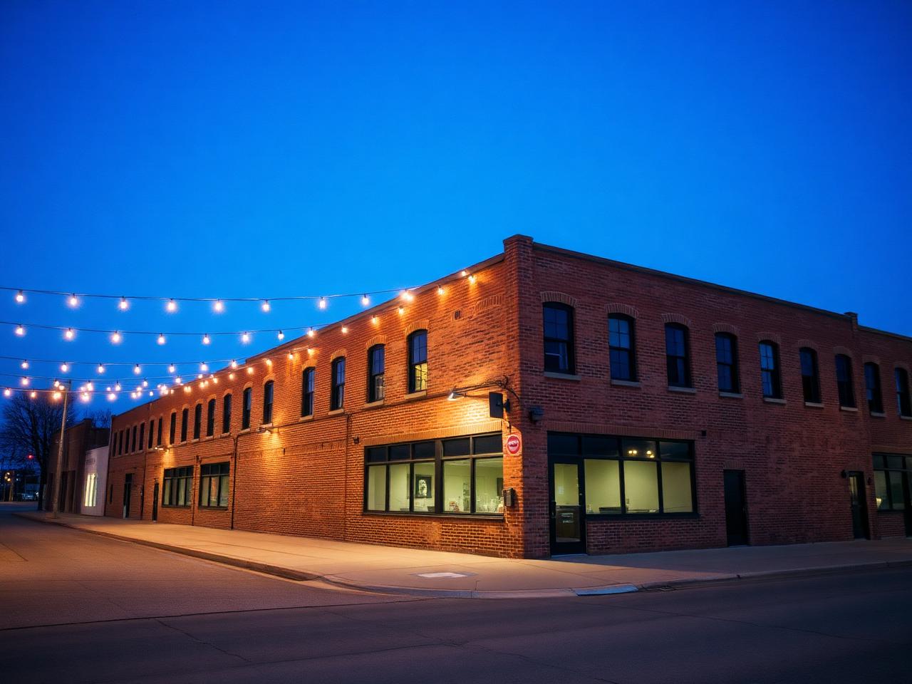 Brick warehouse district at blue hour in Charlotte