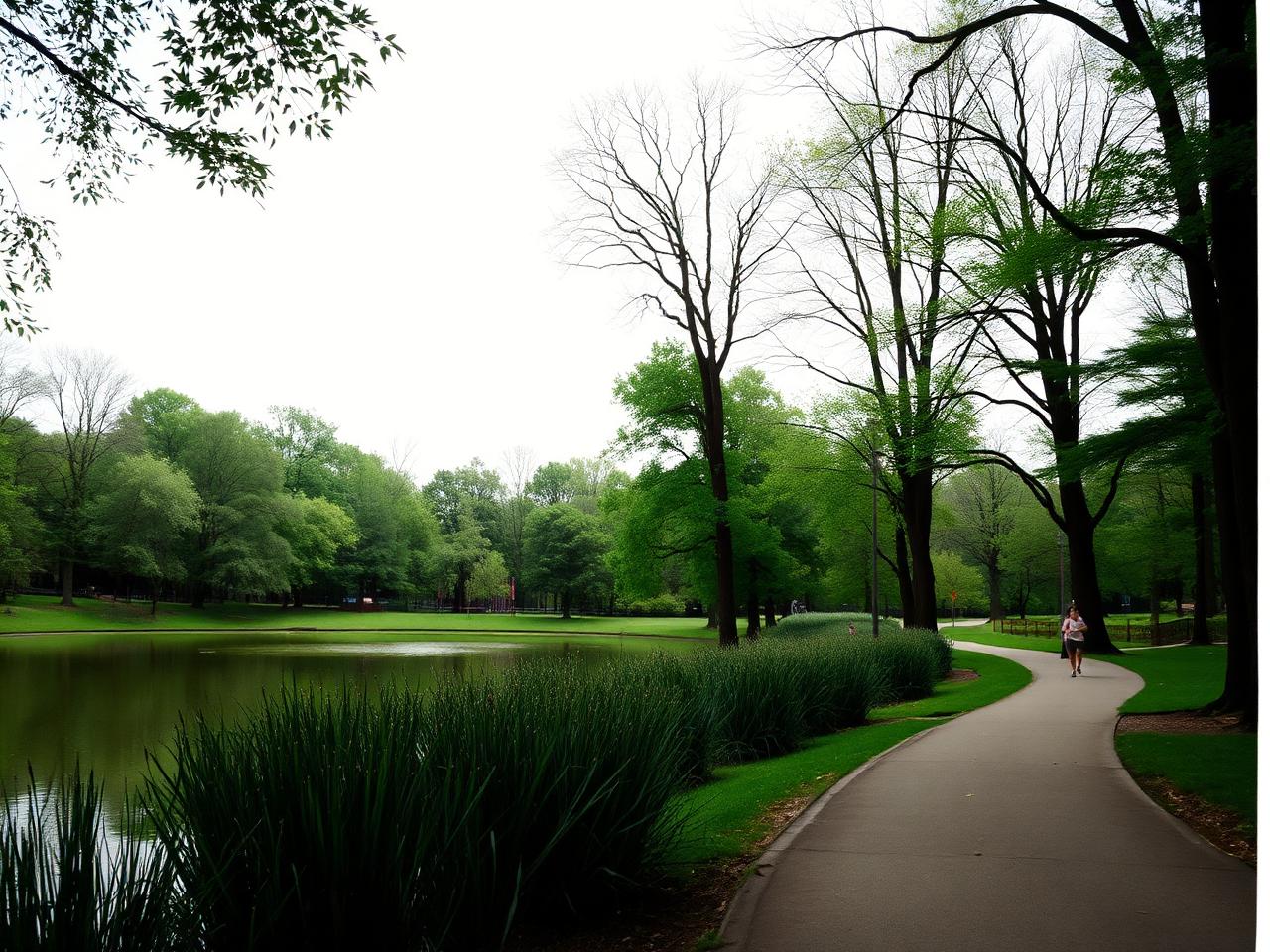 Green city park with pond and walking path in Charlotte