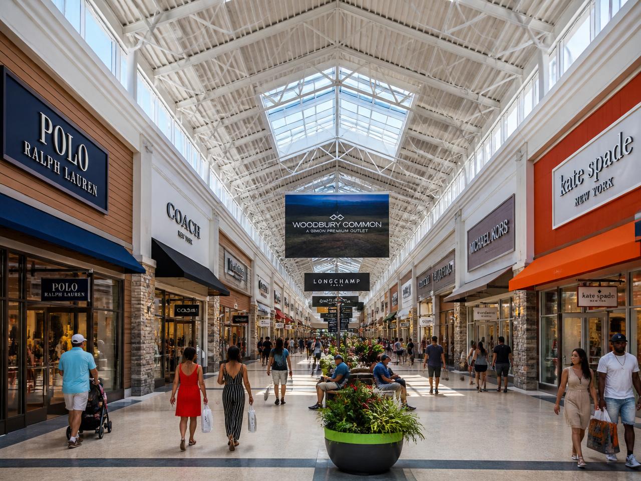 Bright indoor concourse of the Concord Mills outlet mall in Concord, NC