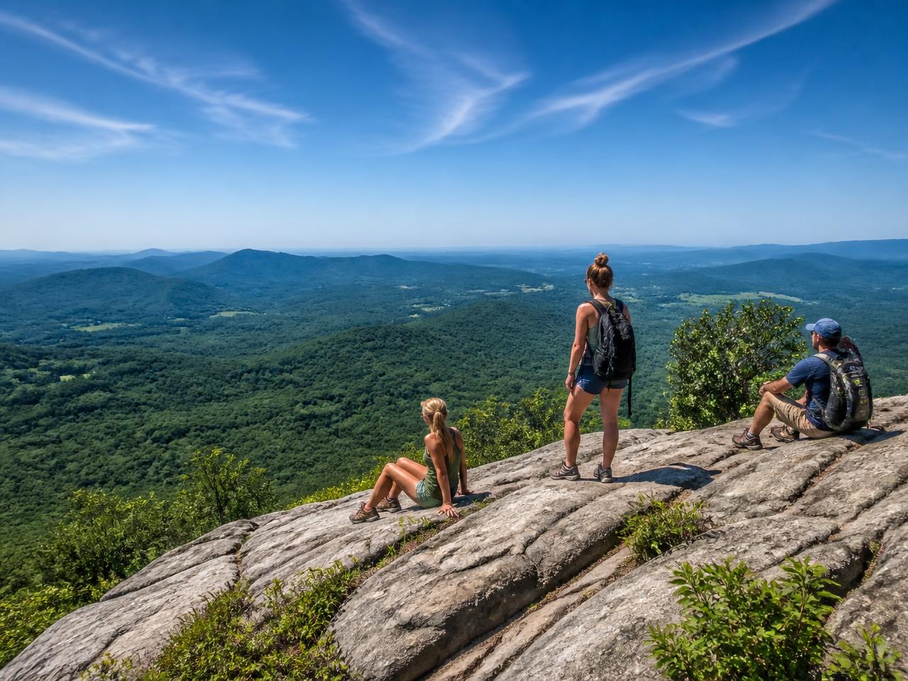 Hikers at a rocky summit overlook at Crowders Mountain State Park, NC